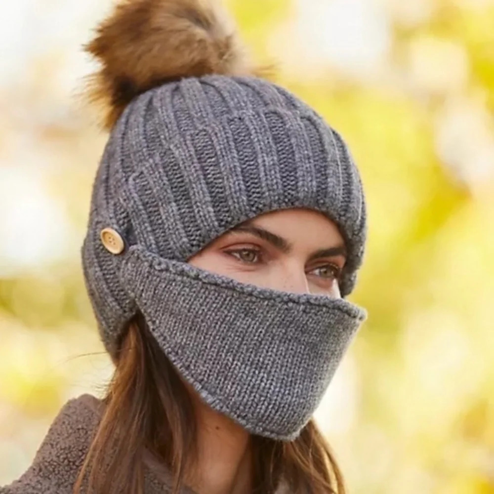 Anthropologie Faux Fur Pom Beanie With Mask